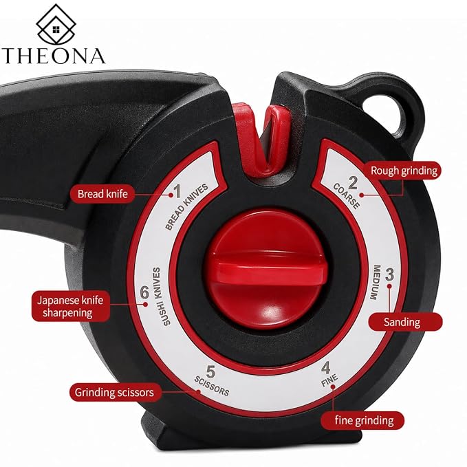 Kitchen Nest 6-in-1 Knife Sharpener for Kitchen Knives & Scissors | Manual Multi-Stage Knife Sharpening Tool with Coarse, Medium & Fine Grinding | Ergonomic Handle & Anti-Slip Base