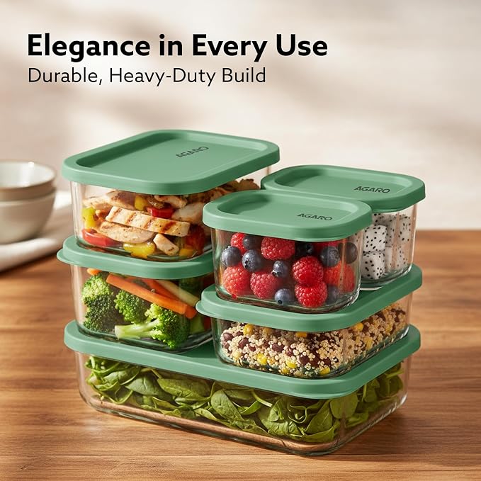 Kitchen Nest Glass Container 6 Pcs Set, Fridge Stackable Storage Organizer, 310ml x2, 520ml x2, 750ml, 1200ml, Microwave Safe, BPA Free Kitchen Boxes, Store Cooked Food, Fruits, Snacks