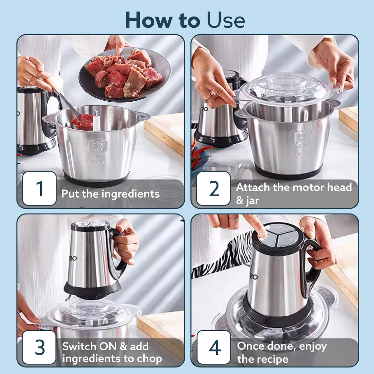 Kitchen Nest Vegetable & Meat Chopper for Kitchen, Garlic Peeler, Egg Whisker, 2L Bowl, 400W Motor, 3 Speed Settings, Meat Grinder, Vegetable Mixer, Stainless Steel Body, Onion, Garlic, Fruits.