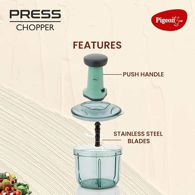 Kitchen Nest Press Chopper 900ml, Manual Hand Press Push Chopper with 3 Blades for Effortless Chopping Vegetables & Fruits, Green