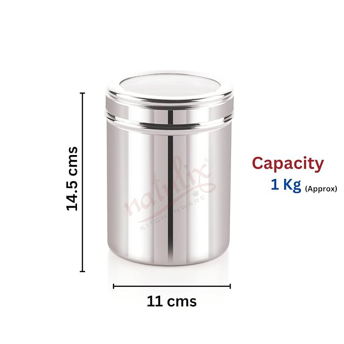 Kitchen Nest 1 Kg Stainless Steel Containers for kitchen with See Through Lid | Kitchen Containers Set | Silver (1250ml - 6pcs) Food Grains Capacity - 1kg Approx
