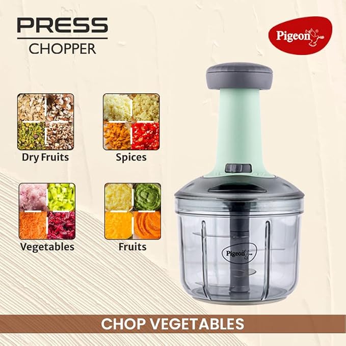 Kitchen Nest Press Chopper 900ml, Manual Hand Press Push Chopper with 3 Blades for Effortless Chopping Vegetables & Fruits, Green