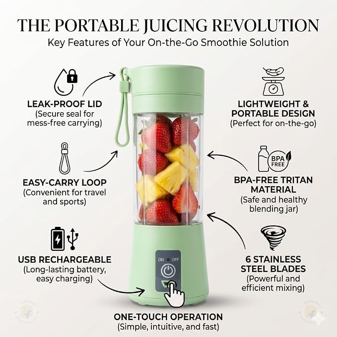 Kitchen Nest Portable Electric Nail Drill Juicer 380ML USB Rechargeable Blender Heavy Duty Juicer, 4 Blades, Mini Handheld Fruit Hand Mixer for Home & Outdoor Use (Light Green)