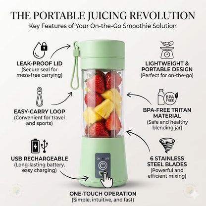 Kitchen Nest Portable Electric Nail Drill Juicer 380ML USB Rechargeable Blender Heavy Duty Juicer, 4 Blades, Mini Handheld Fruit Hand Mixer for Home & Outdoor Use (Light Green)