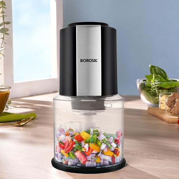 Kitchen Nest Electric Chopper for Kitchen, Twin Blade Technology, 600 ml 'chop-n-store' plastic bowl with lid, Vegetable Chopper, Cutter, Chop, Mince, Dice, Whisk, Blend, Black