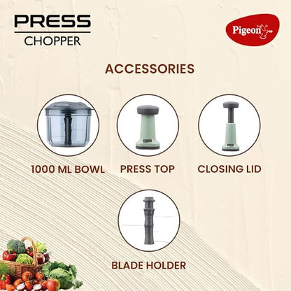 Kitchen Nest Press Chopper 900ml, Manual Hand Press Push Chopper with 3 Blades for Effortless Chopping Vegetables & Fruits, Green