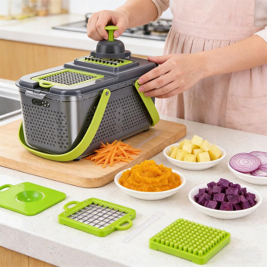 Kitchen Nest Vegetable Chopper with Container Veggie Choppers and Dicers Food Chopper Cutter for Onion Tomato Multi Kitchen Tool with Lemon Squeezer -13 Blades,Grey (Standard 001)