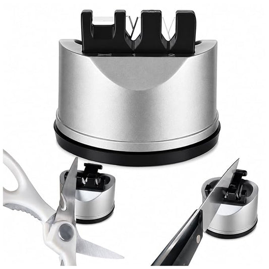 Kitchen Nest 3-Stage Knife Sharpener Tool for Kitchen | Straight & Serrated Blades Scissors Sharpener | Ceramic and Steel Knives Repair & Restore, Strong Suction Base Easy Hands-Free Operation, Gifts, Gray