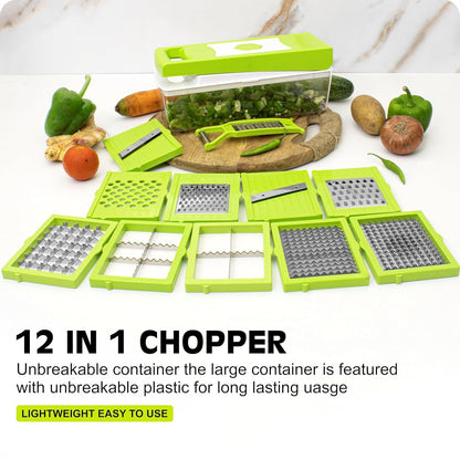 Kitchen Nest 12 in 1 Multipurpose Chopper, Fruits & Vegetable Cutters, Grater Peeler Chipser, Unbreakable Food Grade Body, Easy Push to Clean Button Slicer Dicer, Chopper for Kitchen