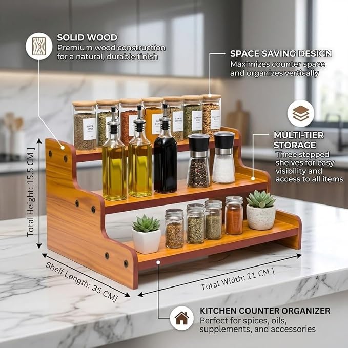 Kitchen Nest 13.8-Inch Wooden 3-Tier Spice Rack Organizer