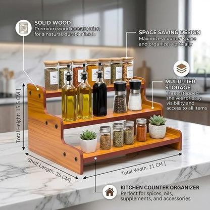 Kitchen Nest 13.8-Inch Wooden 3-Tier Spice Rack Organizer