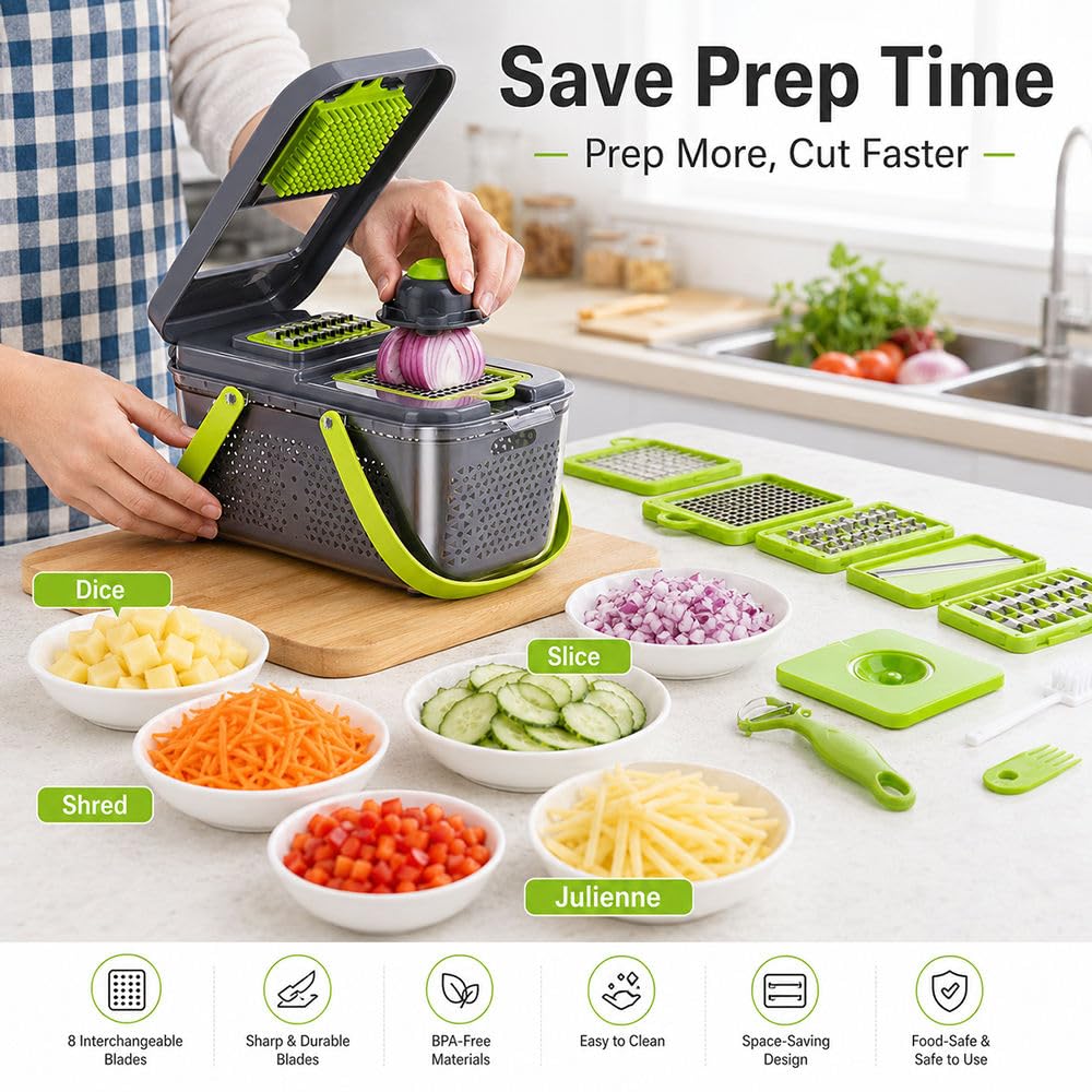Kitchen Nest Vegetable Chopper with Container Veggie Choppers and Dicers Food Chopper Cutter for Onion Tomato Multi Kitchen Tool with Lemon Squeezer -13 Blades,Grey (Standard 001)