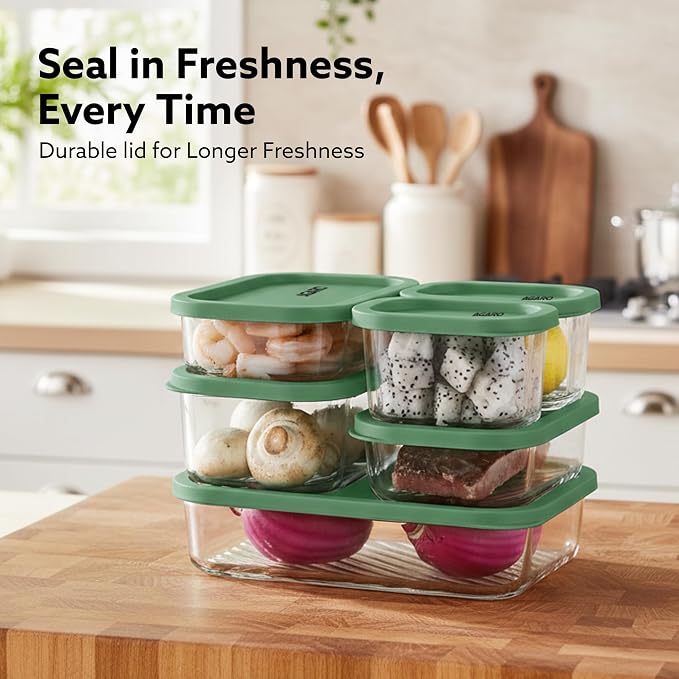 Kitchen Nest Glass Container 6 Pcs Set, Fridge Stackable Storage Organizer, 310ml x2, 520ml x2, 750ml, 1200ml, Microwave Safe, BPA Free Kitchen Boxes, Store Cooked Food, Fruits, Snacks