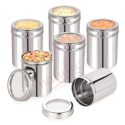 Kitchen Nest 1 Kg Stainless Steel Containers for kitchen with See Through Lid | Kitchen Containers Set | Silver (1250ml - 6pcs) Food Grains Capacity - 1kg Approx