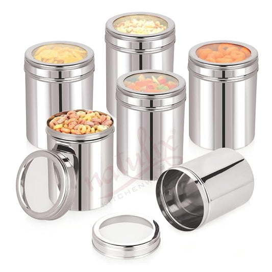 Kitchen Nest 1 Kg Stainless Steel Containers for kitchen with See Through Lid | Kitchen Containers Set | Silver (1250ml - 6pcs) Food Grains Capacity - 1kg Approx