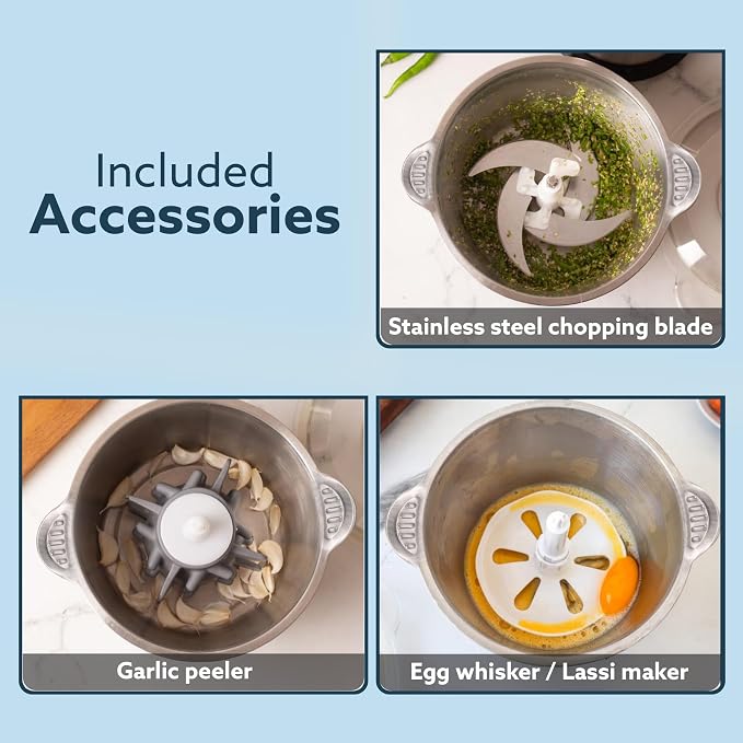 Kitchen Nest Vegetable & Meat Chopper for Kitchen, Garlic Peeler, Egg Whisker, 2L Bowl, 400W Motor, 3 Speed Settings, Meat Grinder, Vegetable Mixer, Stainless Steel Body, Onion, Garlic, Fruits.