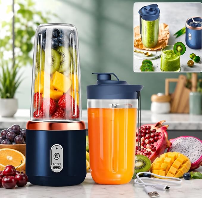 Kitchen Nest Portable Blender Electric Juicer USB Rechargeable Fruit Mixers Mini Personal Smoothie Maker 6 Blades 3 Gears Ideal for smoothies, protein shakes, fresh juices, sauces -1500mAh Battery (BLUE-N)