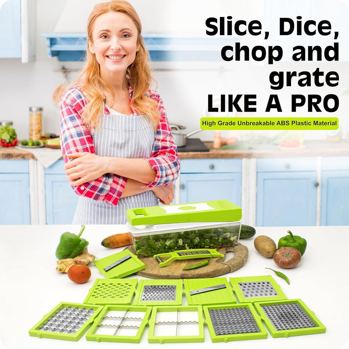 Kitchen Nest 12 in 1 Multipurpose Chopper, Fruits & Vegetable Cutters, Grater Peeler Chipser, Unbreakable Food Grade Body, Easy Push to Clean Button Slicer Dicer, Chopper for Kitchen