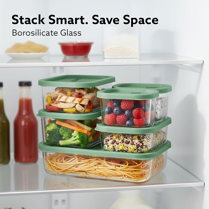 Kitchen Nest Glass Container 6 Pcs Set, Fridge Stackable Storage Organizer, 310ml x2, 520ml x2, 750ml, 1200ml, Microwave Safe, BPA Free Kitchen Boxes, Store Cooked Food, Fruits, Snacks