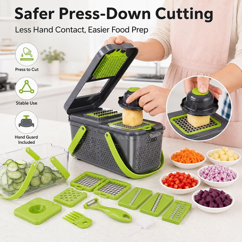 Kitchen Nest Vegetable Chopper with Container Veggie Choppers and Dicers Food Chopper Cutter for Onion Tomato Multi Kitchen Tool with Lemon Squeezer -13 Blades,Grey (Standard 001)