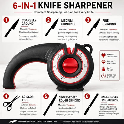 Kitchen Nest 6-in-1 Knife Sharpener for Kitchen Knives & Scissors | Manual Multi-Stage Knife Sharpening Tool with Coarse, Medium & Fine Grinding | Ergonomic Handle & Anti-Slip Base