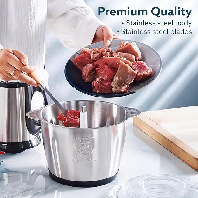 Kitchen Nest Vegetable & Meat Chopper for Kitchen, Garlic Peeler, Egg Whisker, 2L Bowl, 400W Motor, 3 Speed Settings, Meat Grinder, Vegetable Mixer, Stainless Steel Body, Onion, Garlic, Fruits.