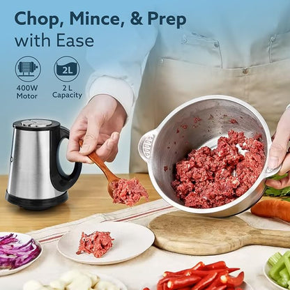 Kitchen Nest Vegetable & Meat Chopper for Kitchen, Garlic Peeler, Egg Whisker, 2L Bowl, 400W Motor, 3 Speed Settings, Meat Grinder, Vegetable Mixer, Stainless Steel Body, Onion, Garlic, Fruits.