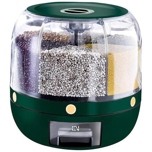 Kitchen Nest Plastic 6-Grid Round Food Dispenser | 360° Rotating Food Bucket Transparent Rice Storage Container | Rotatable Dry Food Fruit Cereal Storage Box Container with Lid for Home and Kitchen (Green)
