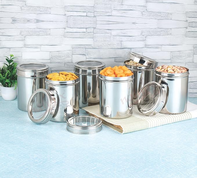 Kitchen Nest 1 Kg Stainless Steel Containers for kitchen with See Through Lid | Kitchen Containers Set | Silver (1250ml - 6pcs) Food Grains Capacity - 1kg Approx